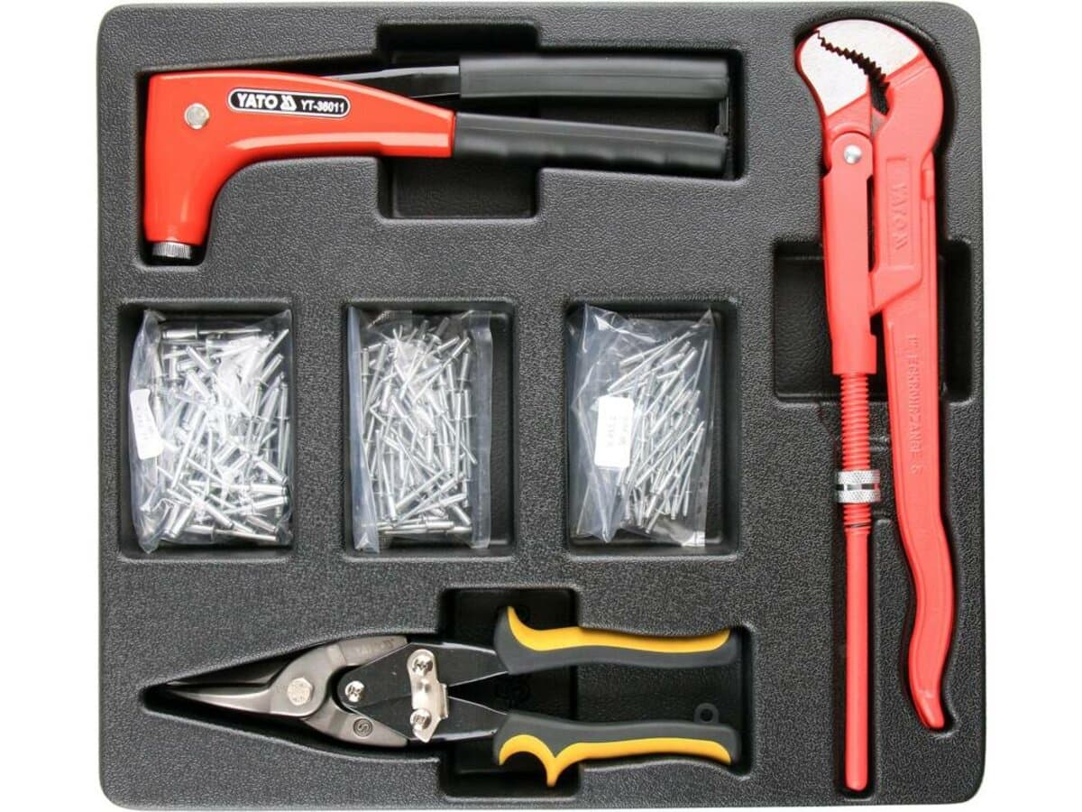 Вклад до інструментальної шафи YATO; ключ трубний- 1", ножиці до бляхи- 250 мм, заклепник і заклепки