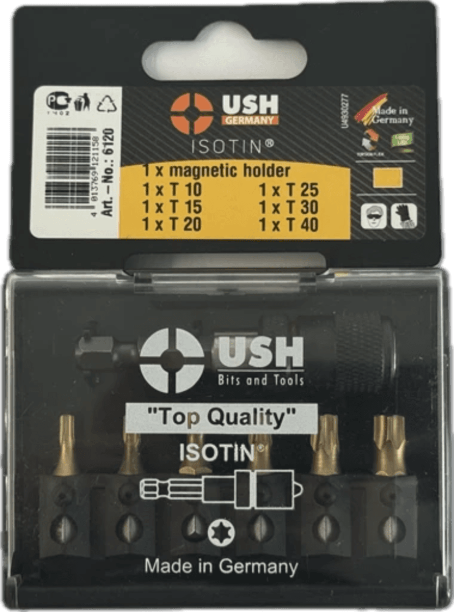 Набір насадок викруткових Isotin USH: 1/4", T10, T15, T20, T25, T30, T40 магнітний тримач, 7 ел.