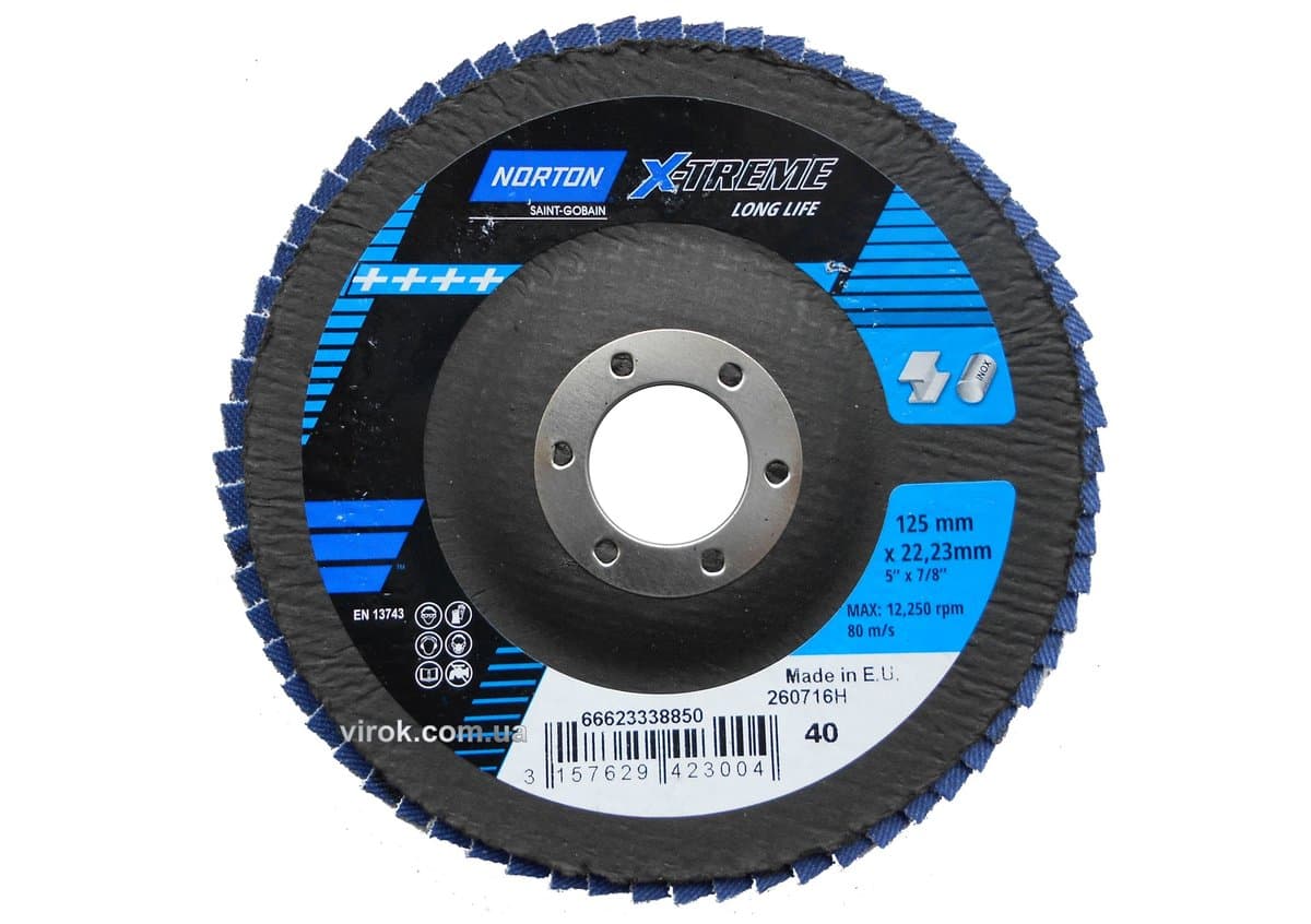 Круг пелюстковий шліфувальний NORTON VULCAN" X-TREME(метал+нерж.); Ø= 125/22 мм, Р 40