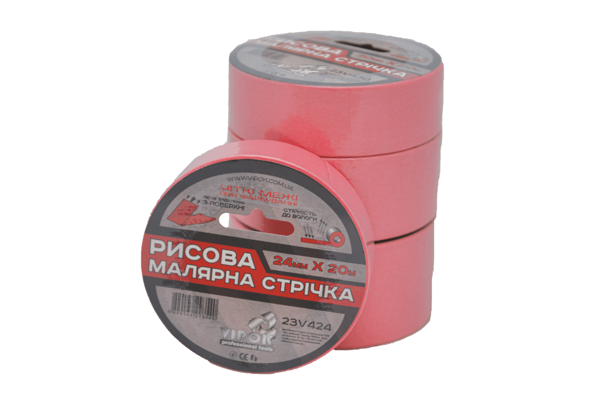 Малярна стрічка рисова VIROK 24мм х 20 м.(Гідростійка/ ідеальний край для фарбування). рожева [108]