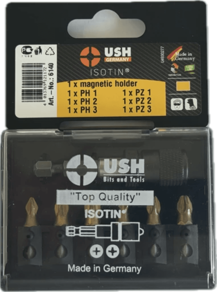 Набір насадок викруткових Isotin USH: 1/4", PH1, PH2, PH3, PZ1, PZ2, PZ3; магнітний тримач, 7 ел.