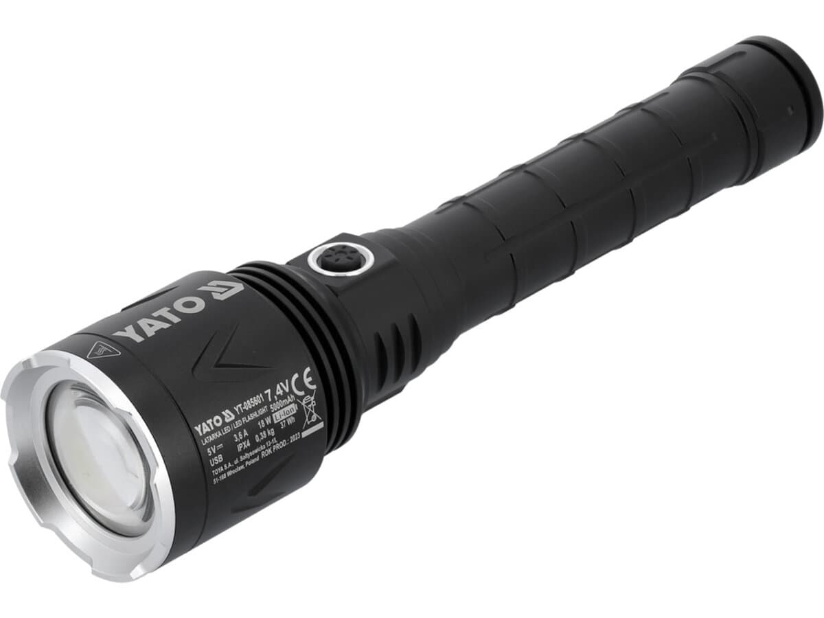 Ліхтар ручни LED-діодний акумул. YATO Li-Ion 7.4 В, 5 АГод, режими 8000/4500/1150 Lm, зарядж від USB