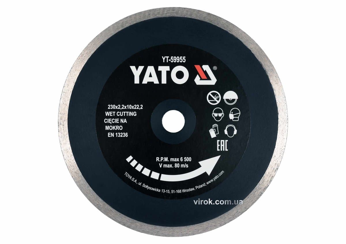 Диск відрізний алмазний по гресу, склу, кераміці YATO Ø=230х2.2х10х22.2 мм,в мокрому режимі [25]
