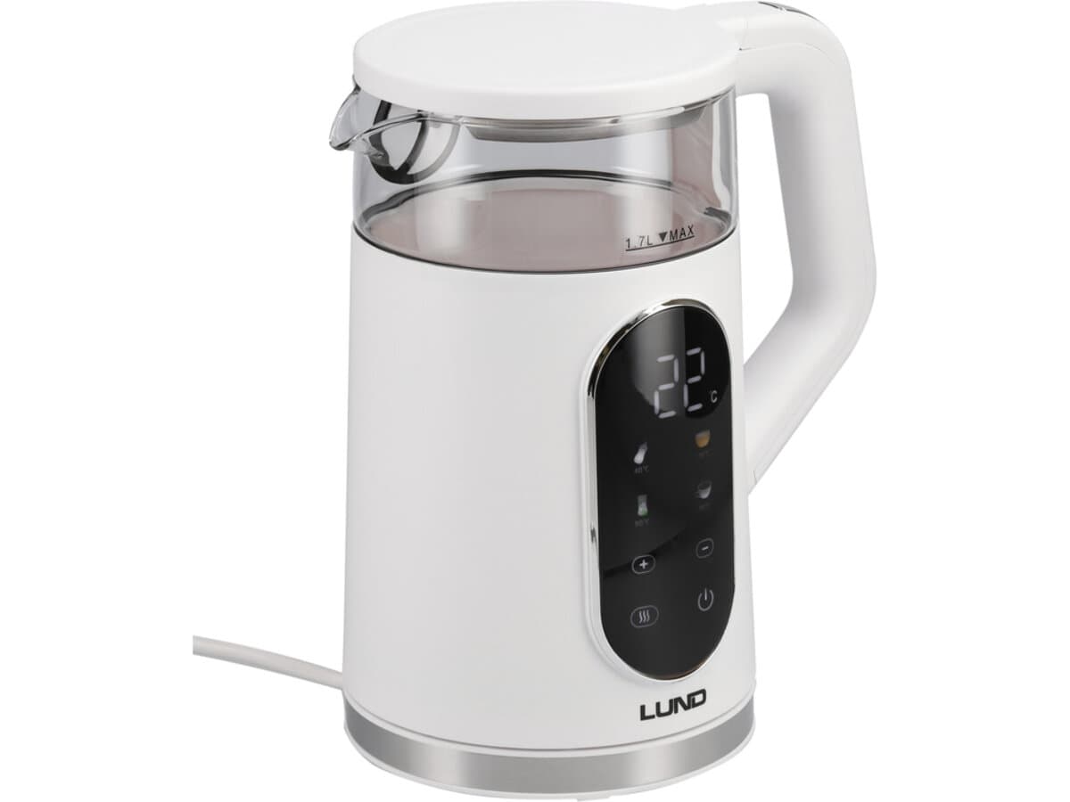 Електрочайник з термостатом з PP і боросилік скла, білий LUND 1,7 л, 2200 Вт, живл від мережі 230 В