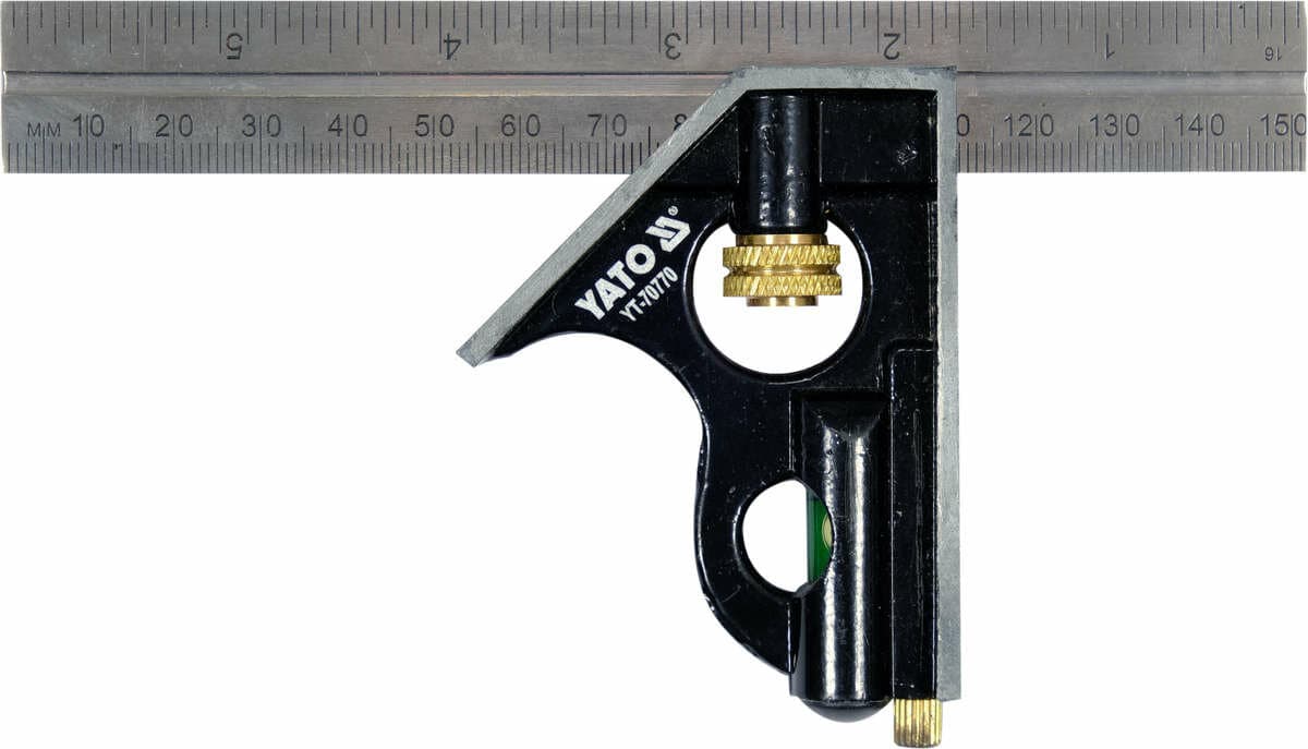 Кутник багатофункційний металевий YATO 150 мм з прямим кутом і рівнем 45 | 90 ˚ [12/72]