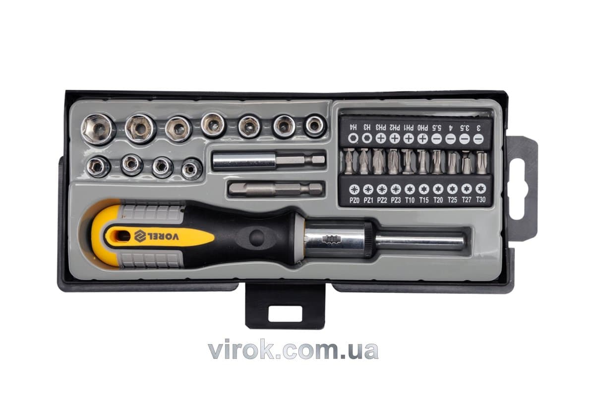 Викрутка реверсивна VOREL : тріщатка, 21 насадки, адаптер, тримач, Cr-V [кейс]. Набір 36 Од. [6/24]