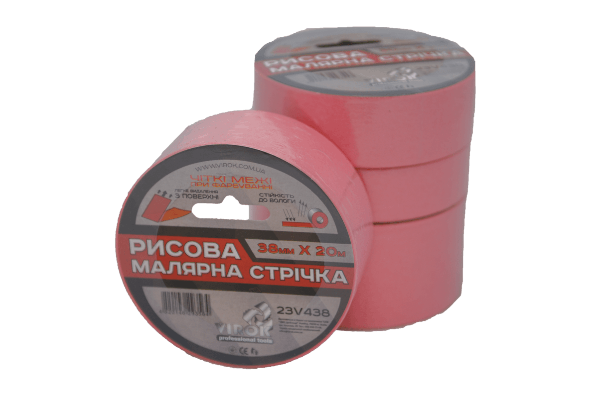 Малярна стрічка рисова VIROK 38мм х 20 м. (Гідростійка/ ідеальний край для фарбування). рожева [63]