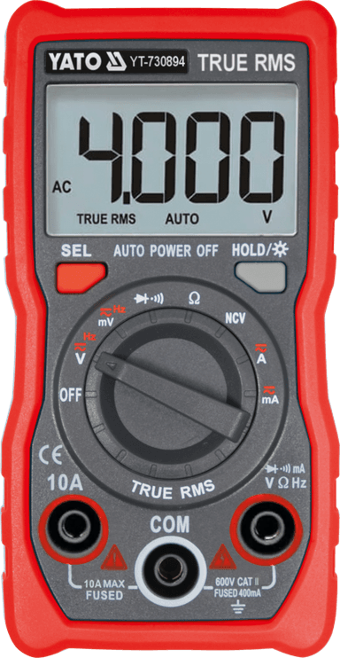 Мультиметр TRUE RMS електричних параметрів YATO з LCD-цифровим діапазоном 4000 від 2х1,5V;AA батар