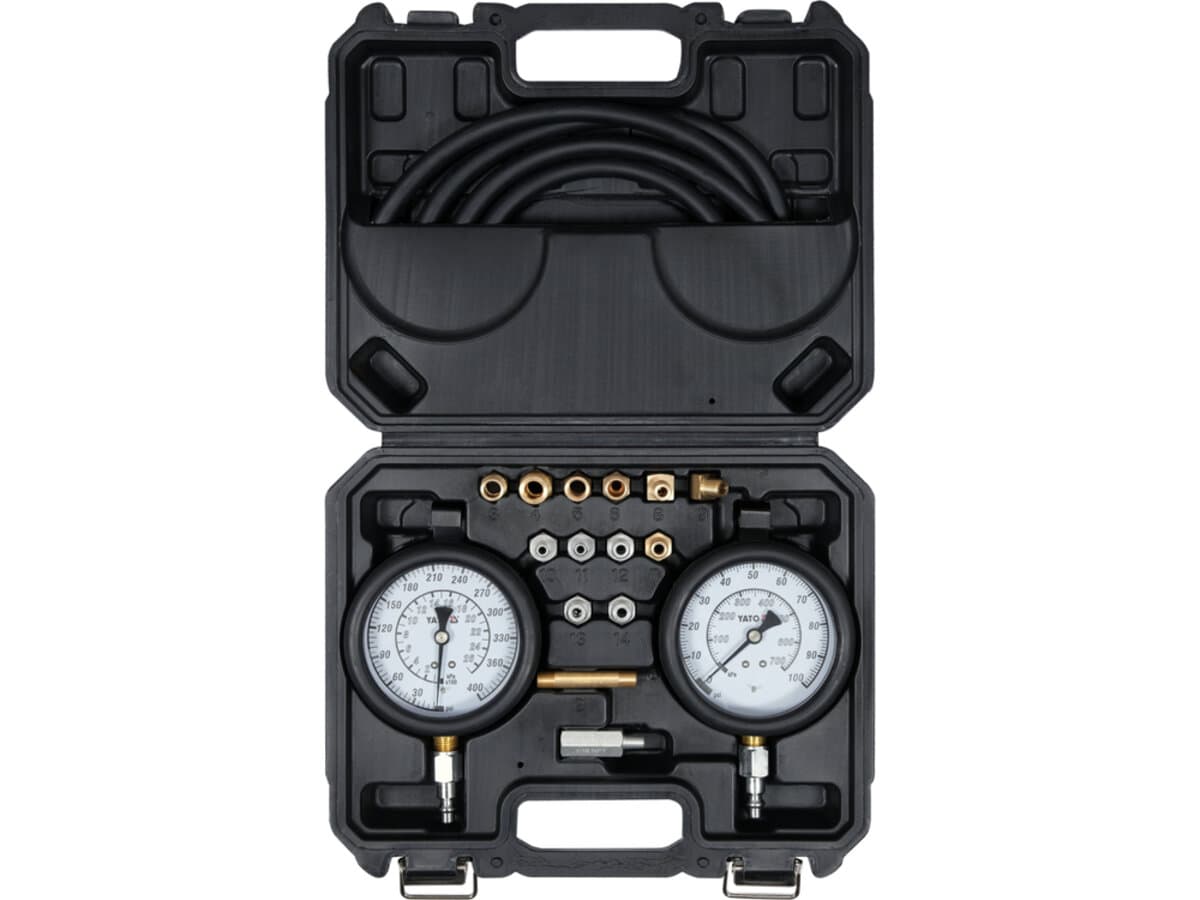 Тестери тиску оливи в двигунах і коробках передач YATO з адаптерами в діапаз 0- 27,5/ 0- 7 Bar, 17ел