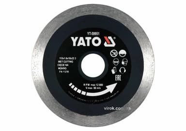 Диск відрізний алмазний по гресу, склу, кераміці YATO Ø=115х1.6х10х22.2 мм,в мокрому режимі [20/200]