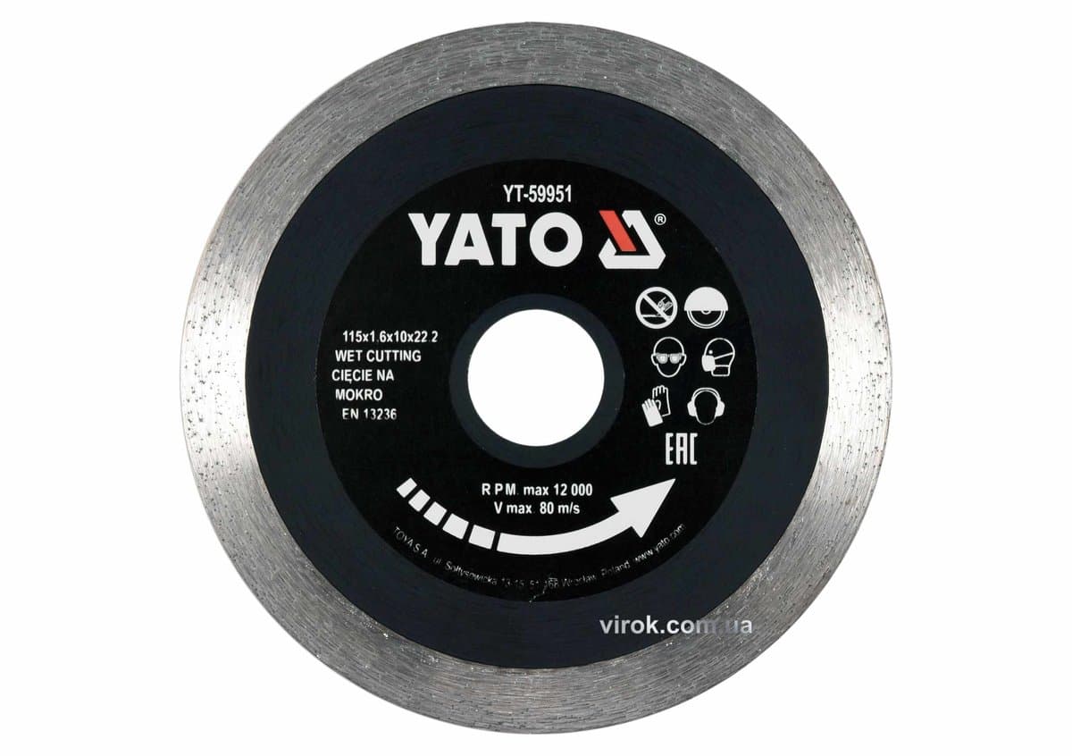 Диск відрізний алмазний по гресу, склу, кераміці YATO Ø=115х1.6х10х22.2 мм,в мокрому режимі [20/200]