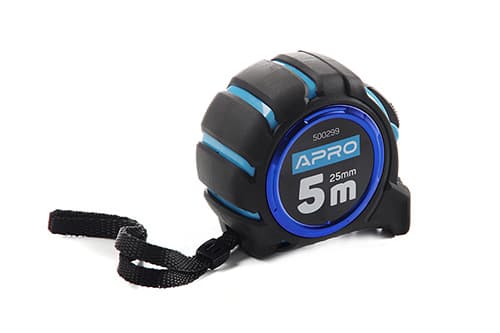 Рулетка обгумована з магнітом та автостопом, подвійний зачіп 5 м х 25 мм APRO