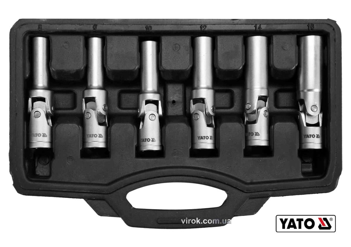 Ключі торцеві для свічок розжарювання YATO : 3/8", 8-16 мм, на шарнірі, Cr-V, 6 шт + кейс [10]