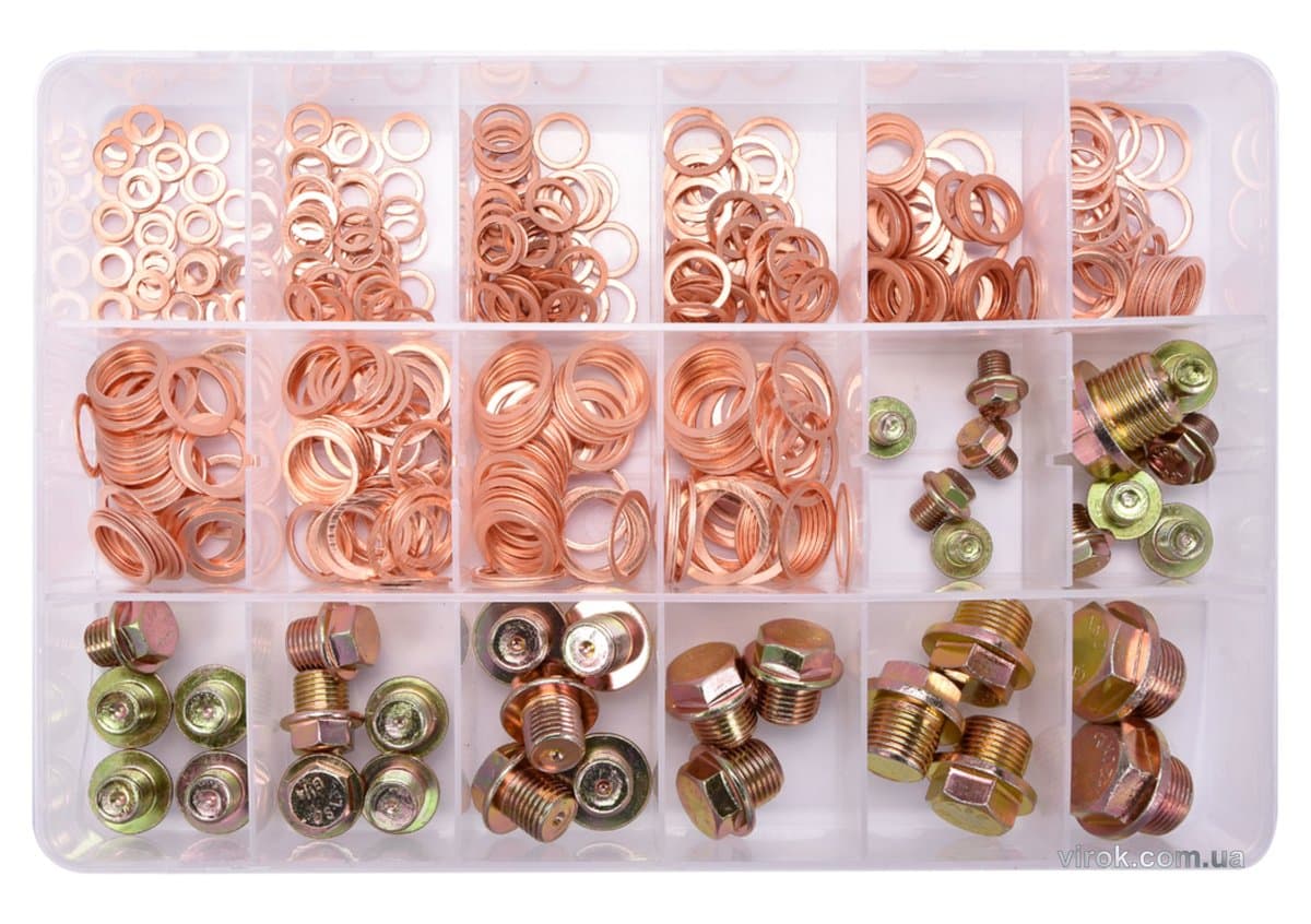 Шайби Ø= 6- 20 мм і заглушки М8- М20, G 1/4 мідні YATO в пластиковій коробці; наб. 534 шт. [10]