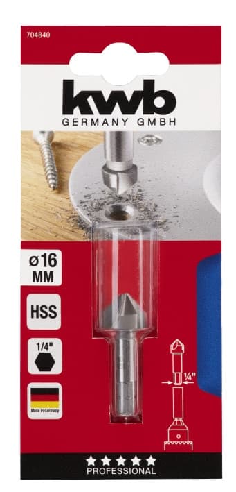 Зенкер HSS 16 мм, 3 кромки, 6-гранний хвостовик, KWB (704840)