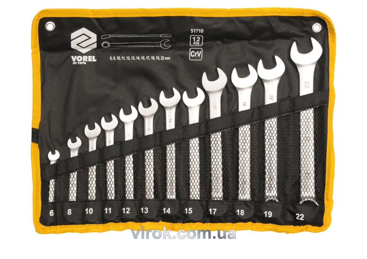 Ключі ріжково - накидні VOREL Cr-V на плахті, М 6-22 мм, Набір 12 шт. [20]