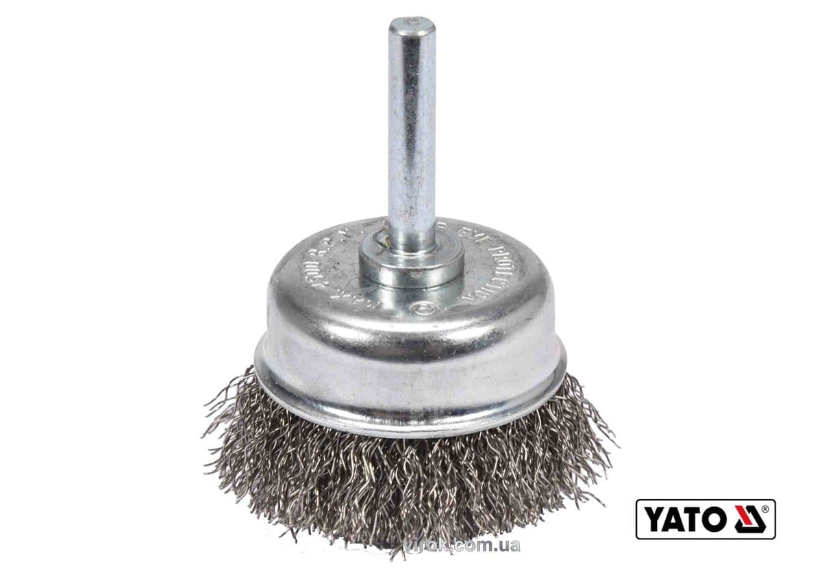 Щітка зачисна з нержавіючої сталі "чашка", до дрилі YATO: Ø=50мм, зі шпинделем Ø=6мм, 4500 об/хв[12]