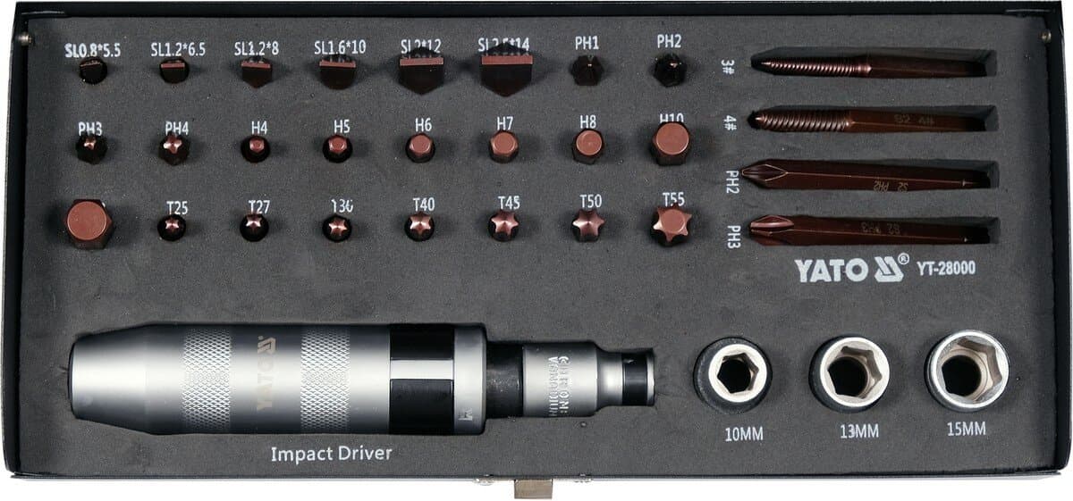 Викрутка реверсивна ударна YATO L= 168 мм, з викрутковими насадками і головками, 32 елем. в футлярі