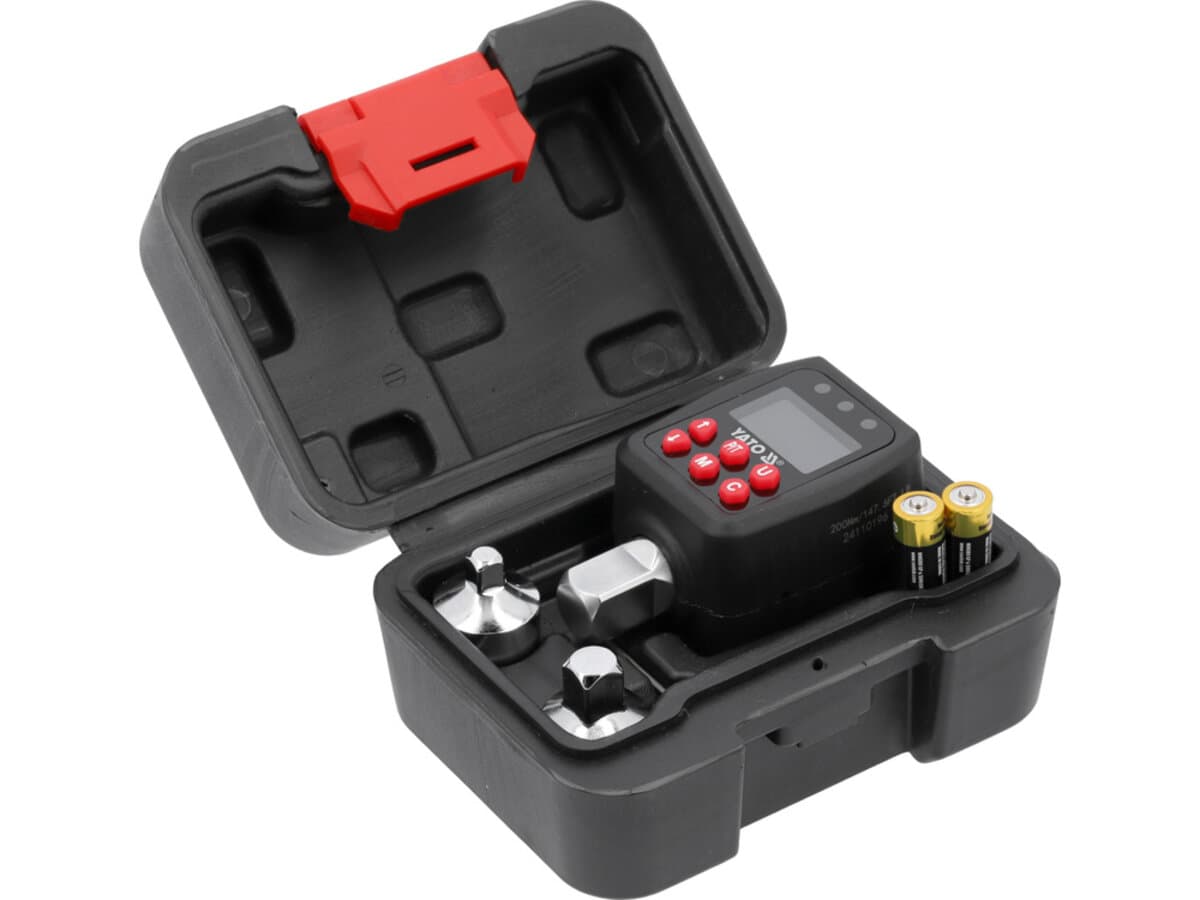 Адаптер динамометричний електронний YATO до квадрату 1/2", 10-200 Nm, 2 перехідники на 1/4" і 3/8"