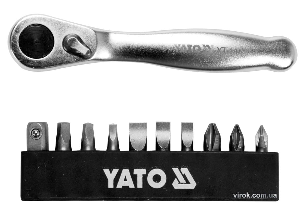 Набір насадок викруткових з тріщаткою YATO : 1/4", PH, SL, SQ, L= 25 мм, 11 шт [25/50]