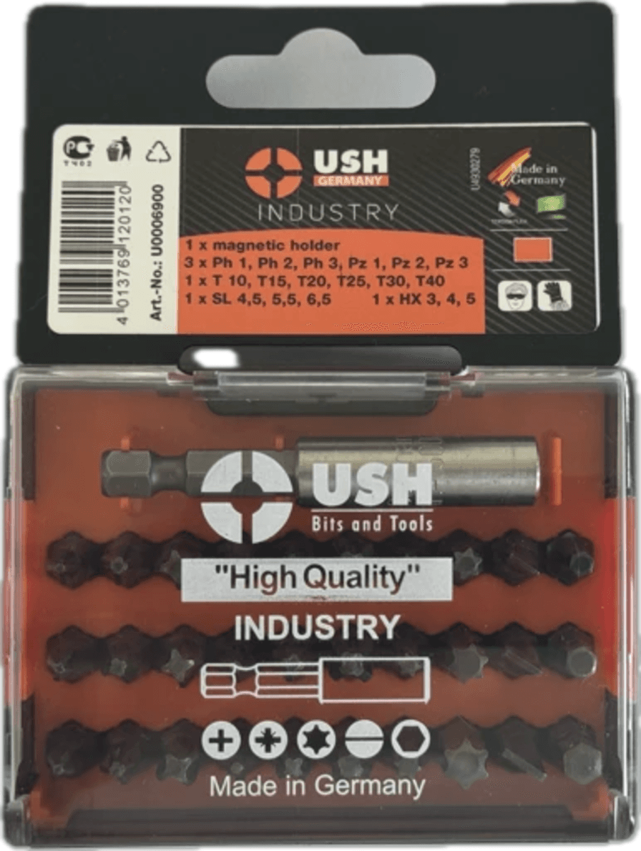Набір насадок викруткових Industry USH: 1/4" з магнітним тримачем, PH, PZ, SL, Tx, HEX, 31 ел
