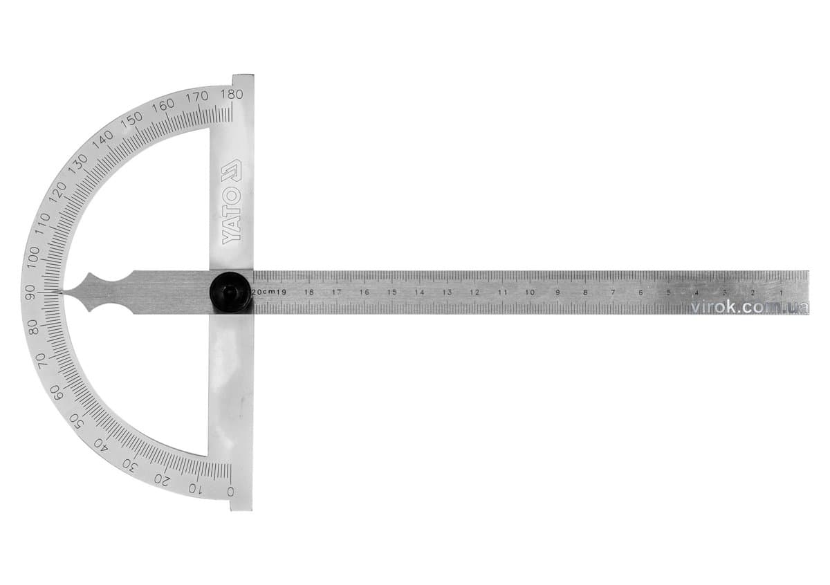 Кутомір- транспортир з лінійкою YATO; 150 х 250 мм, діапазони: кут- 0-180°, відстань- 0-200 мм [50]