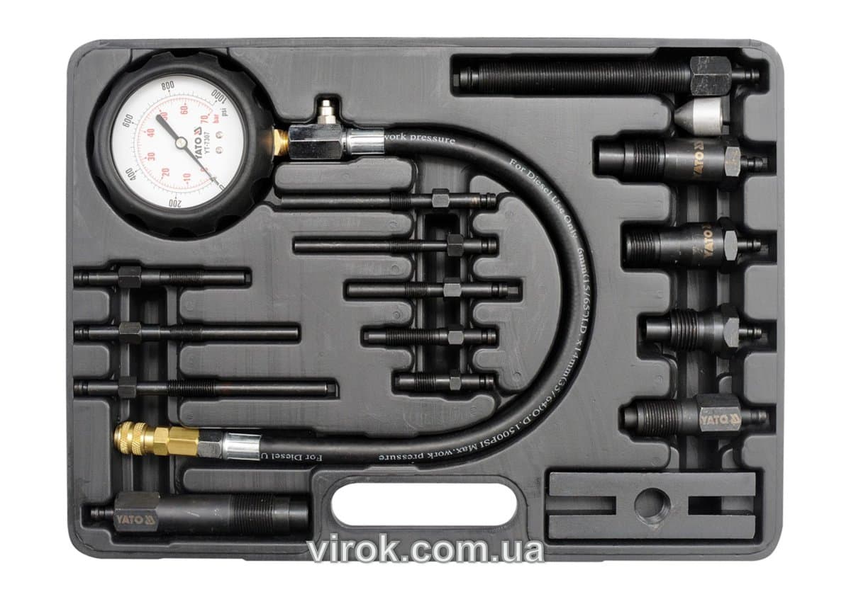 Компресометр для дизельних двигунів YATO : 7 МПа, зі спорядженням, 16 шт + кейс [5]