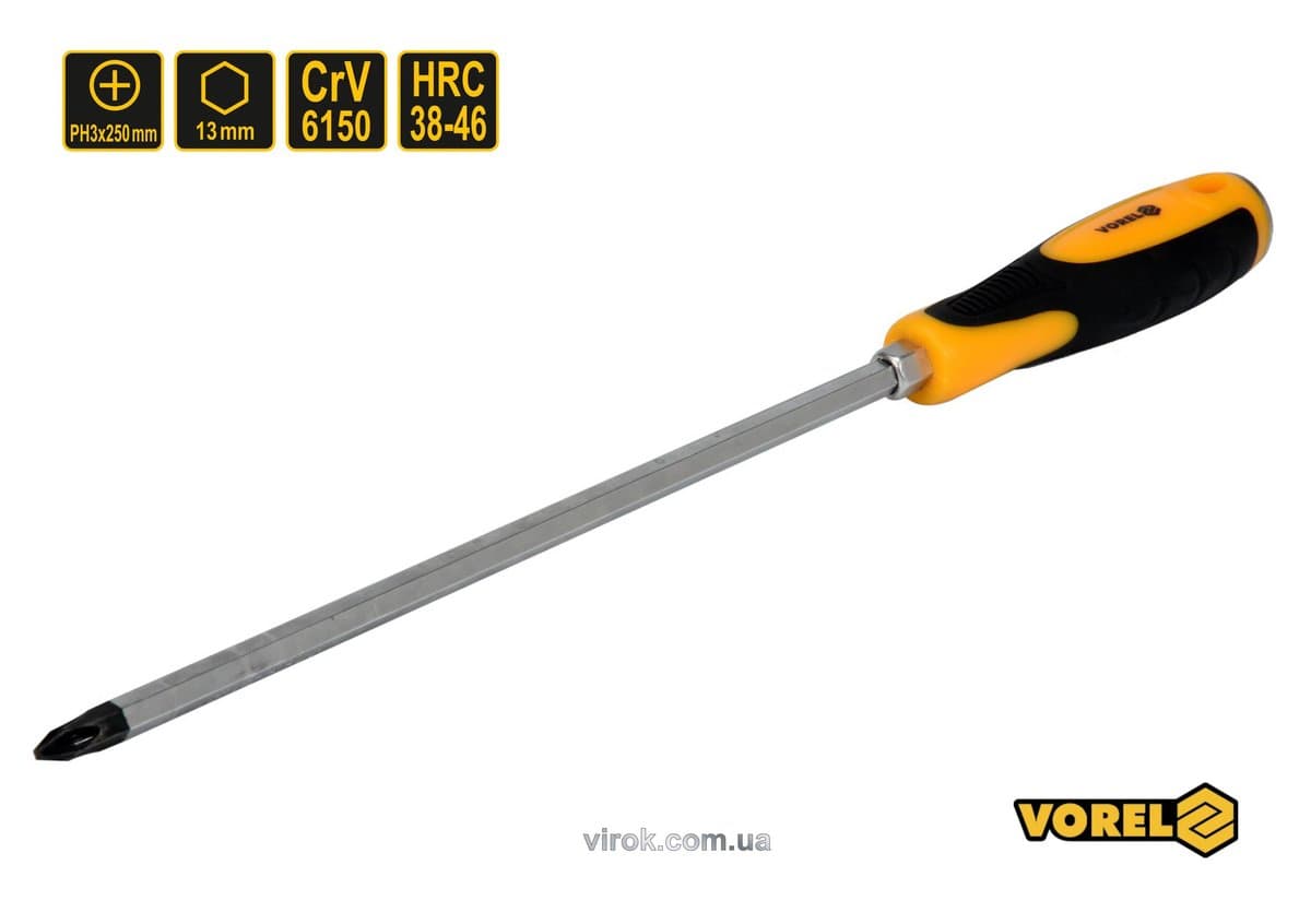 Викрутка хрестова ударна з 6-гранним стержнем VOREL : PH3 х 250 мм, HRC 38-46, Cr-V(DW)