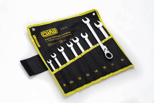 Набір ключів комбінованих з тріскавкою та шарніром CrV в чохлі 8, 10, 12, 13, 14, 15, 17, 19 (8шт) СИЛА