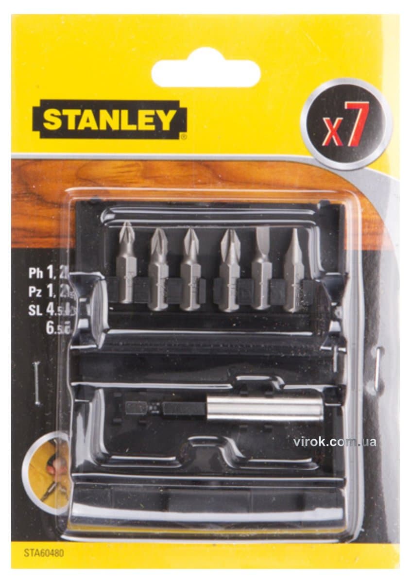 Набір насадок викруткових STANLEY : PZ1,PZ2, PH1,PH2, SL4.5, SL6.5, магнітний тримач, L= 60 мм. 7шт.