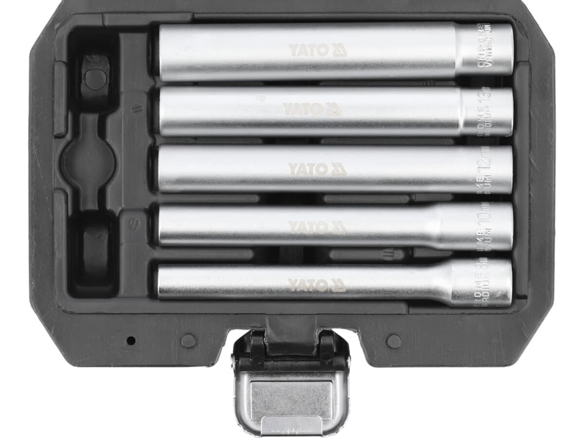 Головки торцеві YATO дуже довгі, з квадратами 1/4" і 3/8", М= 8, 10, 12, 13, 14 мм, L= 120 мм, 6 еле