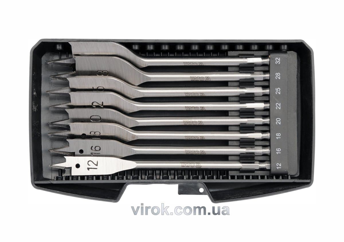 Свердла перові по дереву YATO: 6-гранний хвостик HEX-1/4", Ø=12-32 мм, L=152мм. (Набір/8 Шт.) [5/20]