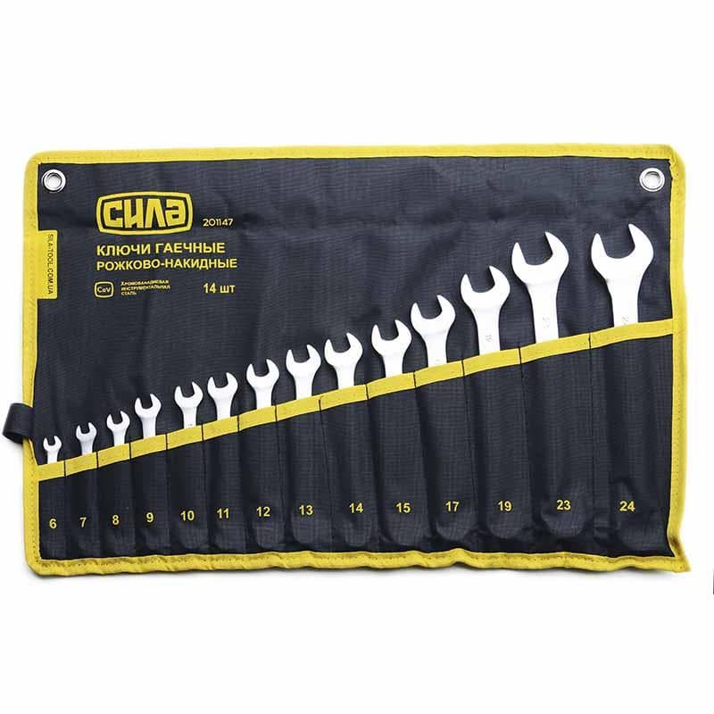 СИЛА Набір ключів ріжково-накидних в чохлі CrV 14 шт. (6,7,8,9,10,11,12,13,14,15,17,19,23,24 мм)
