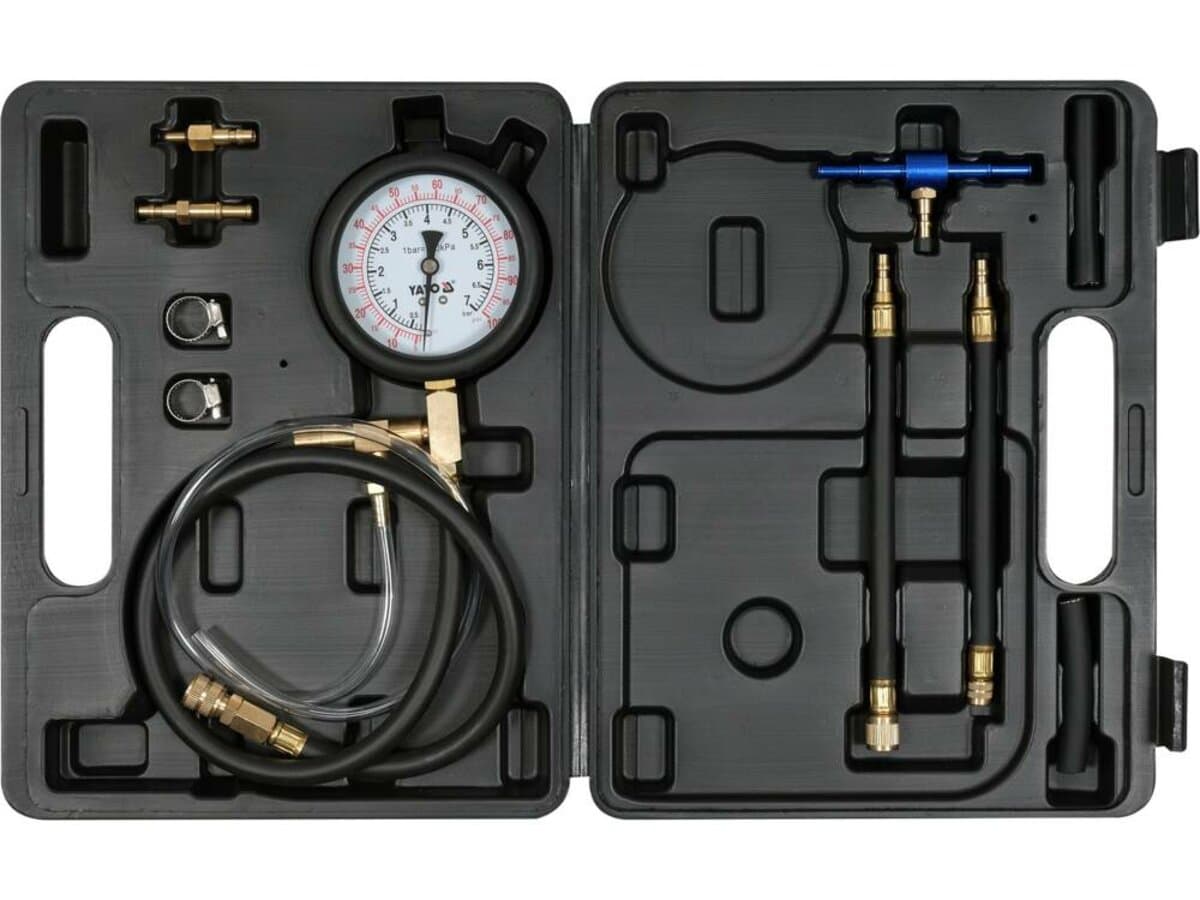 Манометр тиску впорскування бензину YATO: 0-0.7 МПа, з аксесуарами, 10 елем + кейс [10/140]