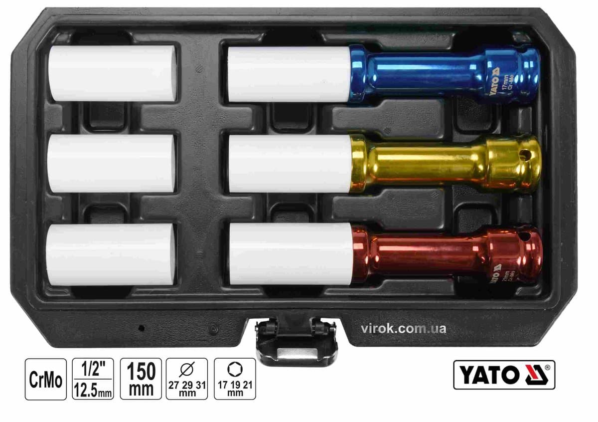 Головки торцеві ударні YATO: квадрат- 1/2", М17,19,21мм l=150мм, Cr-Mo, для алюм. дисків 6 Од. [10]