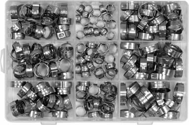 Хомути плавні з 1-м вушком до шлангів YATO різних розмірів Ø= 5,8- 21 мм, 170 шт. [24]