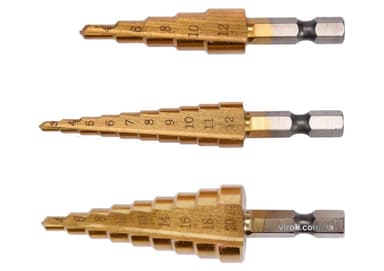 Свердла конічні титанові по металу YATO, HEX-1/4", HSS, для отворів Ø=3-12мм, 4-12мм,4-20мм; 3шт[40]