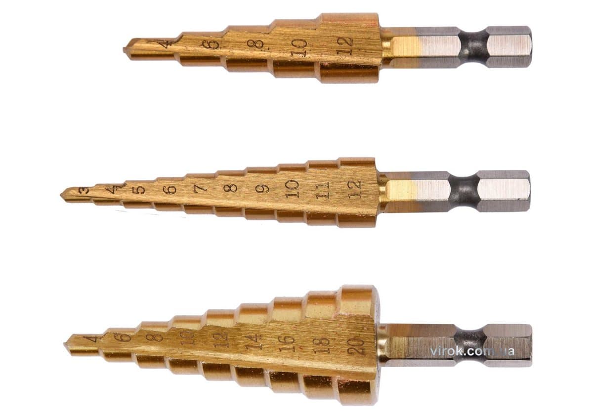 Свердла конічні титанові по металу YATO, HEX-1/4", HSS, для отворів Ø=3-12мм, 4-12мм,4-20мм; 3шт[40]