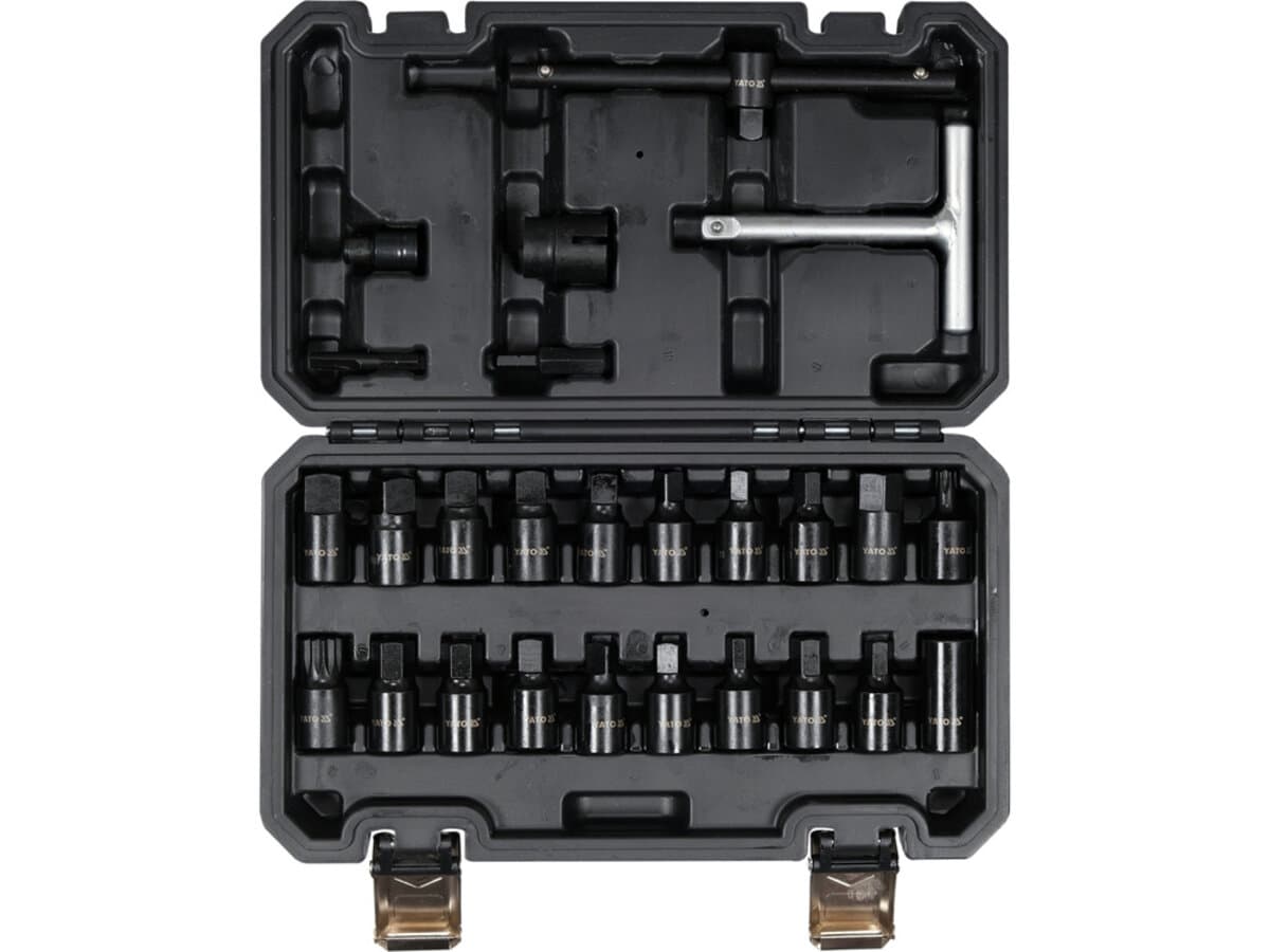 Торцеві насадки з устаткуванням для оливозливних пробок YATO: квадрат- 3/8", Cr-V, 26 шт в футлярі
