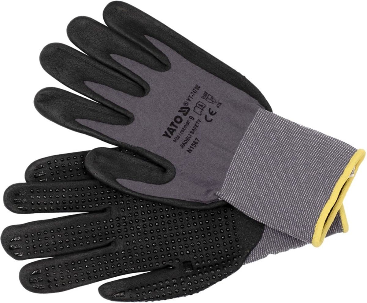 Рукавиці робочі нейлонові YATO покрите спіненим нітрилом з накрапленням, розмір 9, чорнр-сірі [12]