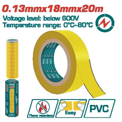 TOTAL тСтрічка ізоляційна жовта ПВХ 20 м 0,13мм Fire-resistant