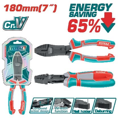 TOTAL Плоскогубці комбіновані 180 мм силові +65% тефлон Cr-V Industrial Total