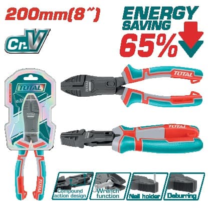 TOTAL Плоскогубці комбіновані складної дії 200 мм силові +65% тефлон Cr-V