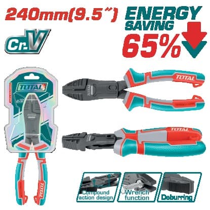 TOTAL Плоскогубці комбіновані складної дії 240 мм силові +65% тефлон Cr-V