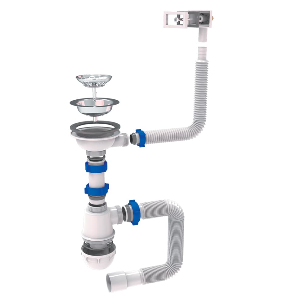 Сифон для кухонної мийки з нержавіючим випуском 3½" квадратним переливом і гнучким відведенням Ø40/50мм TAU (9842531)