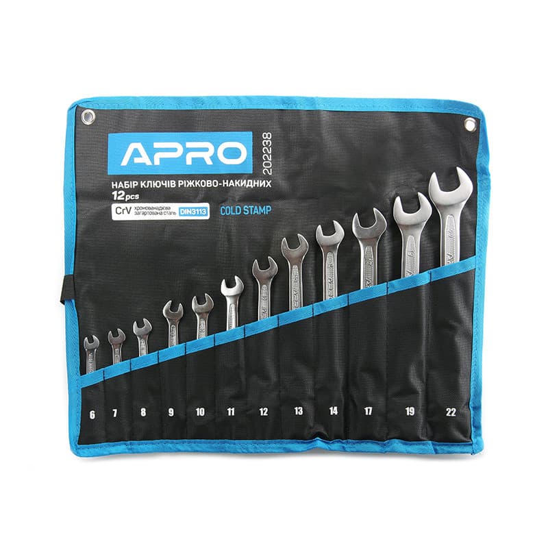 APRO Набір ключів ріжково-накидних Холодний штамп DIN3113 CrV 12 шт. (6-14, 17, 19, 22 мм)