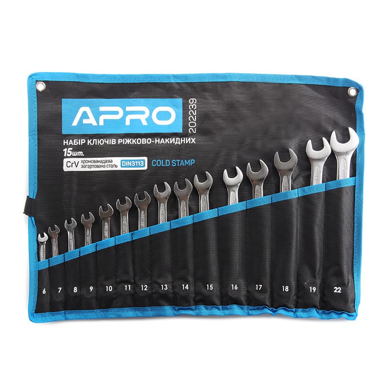 APRO Набір ключів ріжково-накидних Холодний штамп DIN3113 CrV 15 шт. (6-19, 22 мм)